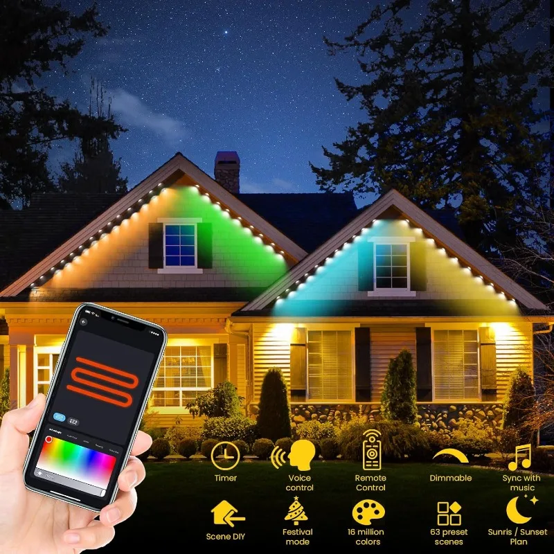 Permanent Outdoor Lights 100FT with 72 LED-RGB Light, smart led christmas lights outdoor IP65 Waterproof, 66 Scene Mode