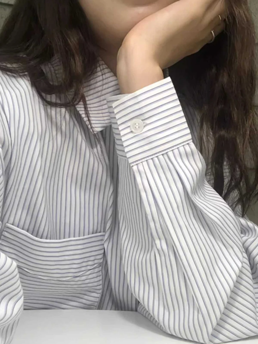 

French Style Loose Fit Striped Shirt Women's Spring Autumn New Large Size Fat MM Long Sleeve Inner Wear Base Shirt Blouse