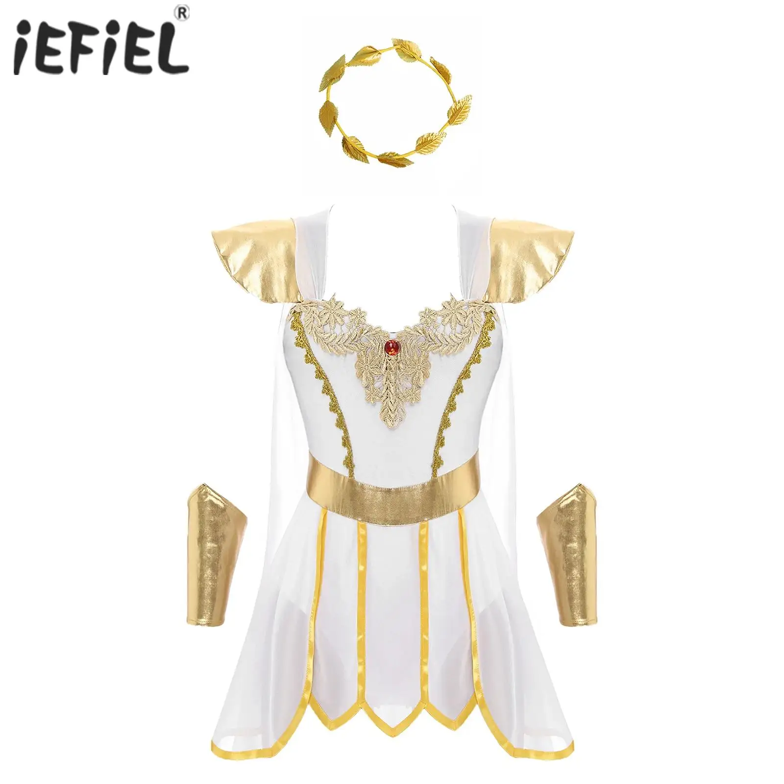 Womens Ancient Greek Costume Halloween Cosplay Roman Dress-up Headwear Caped Petal Skirt Bodysuit Dresses and Wristbands Set