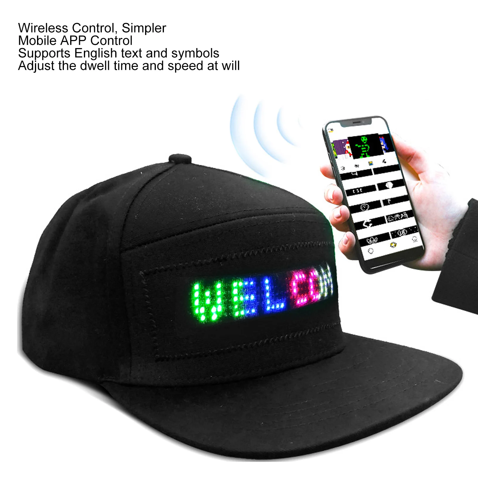 LED Cap Programmable Bluetooth APP Control Editable Colorful LED Hat for Outdoor Concert Carnival Black