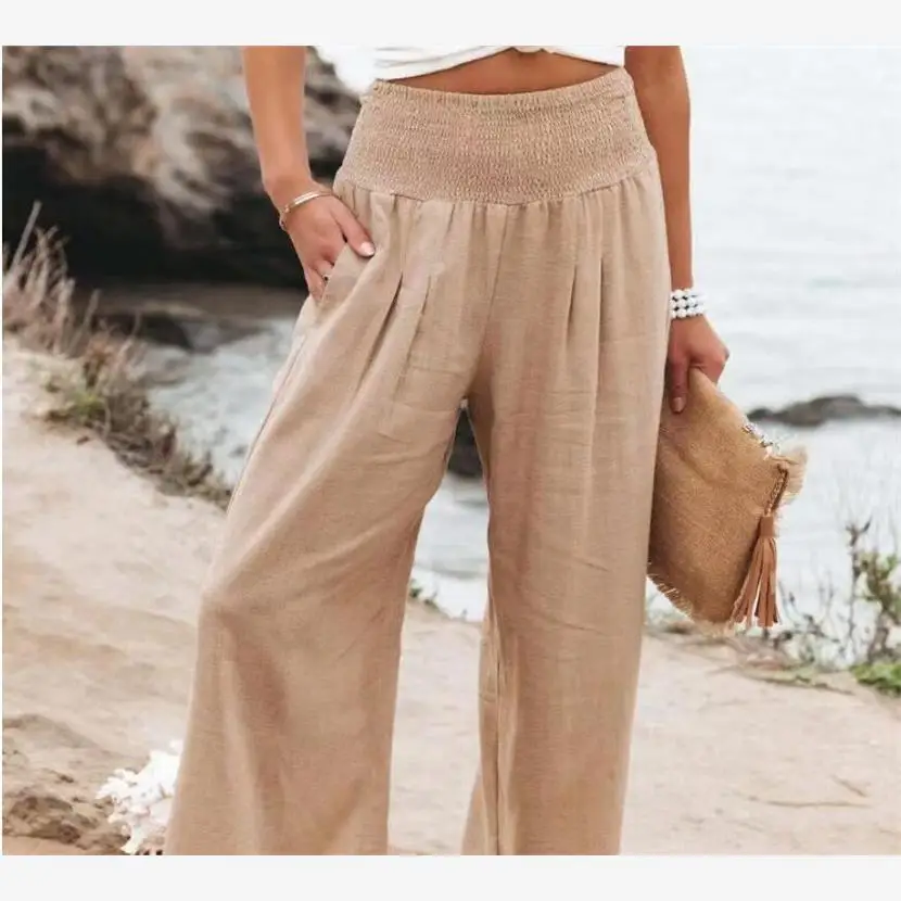 Wi2023 ارتفاع الخصر مطوي بنطال ذو قصة أرجل واسعة المرأة فضفاض الشاطئ القطن الكتان بناطيل كاجوال مع كيتس غير المتكافئة Ciwalk #1