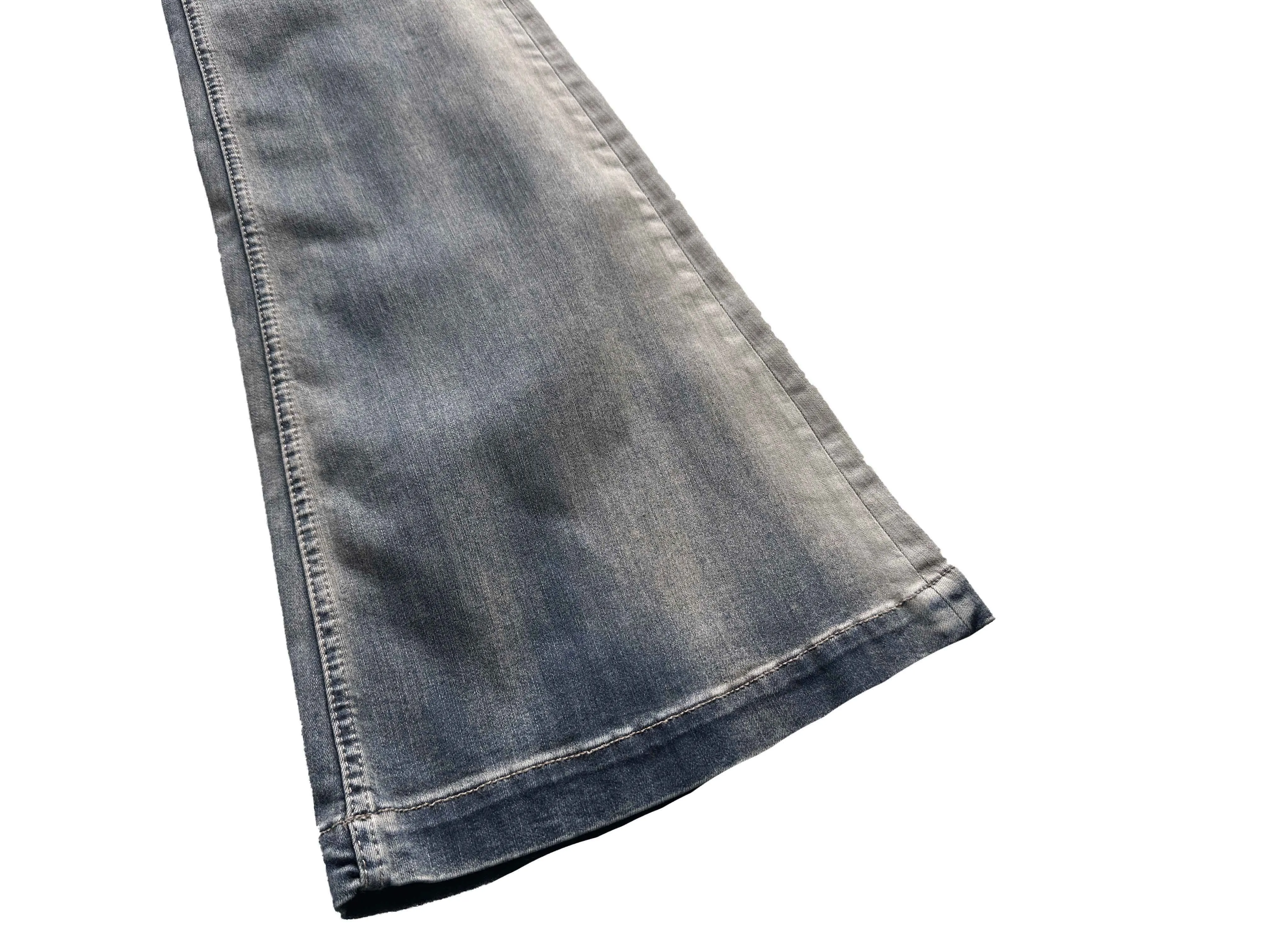 RO Flared Denim Jeans Rick Washed Blue Straight Casual Drawstring Causal Wide Leg Horn Jeans