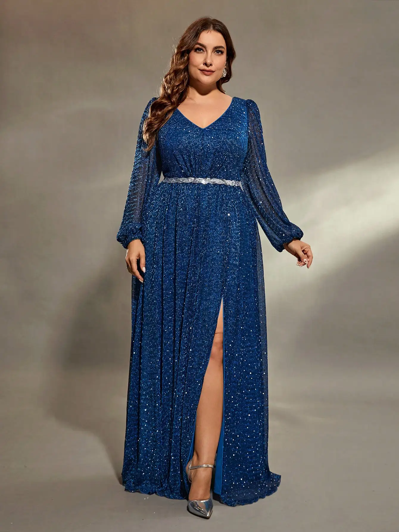 Mgiacy  plus size V-neck lantern Long sleeve chest pleats waist sequin webbing net slit A full skirt Evening gown Ball dress