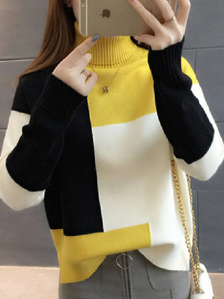 JMPRS Patchwork Women Pullover Sweater Autumn Loose O Neck Long Sleeve Knitted Thick Korean Fashion Female Jumper Sweater Top