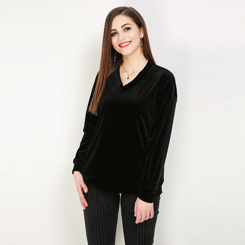 Jersey negro de manga larga para mujer, blusa de terciopelo para oficina, Tops para mujer, camisas coreanas de terciopelo para primavera 2026