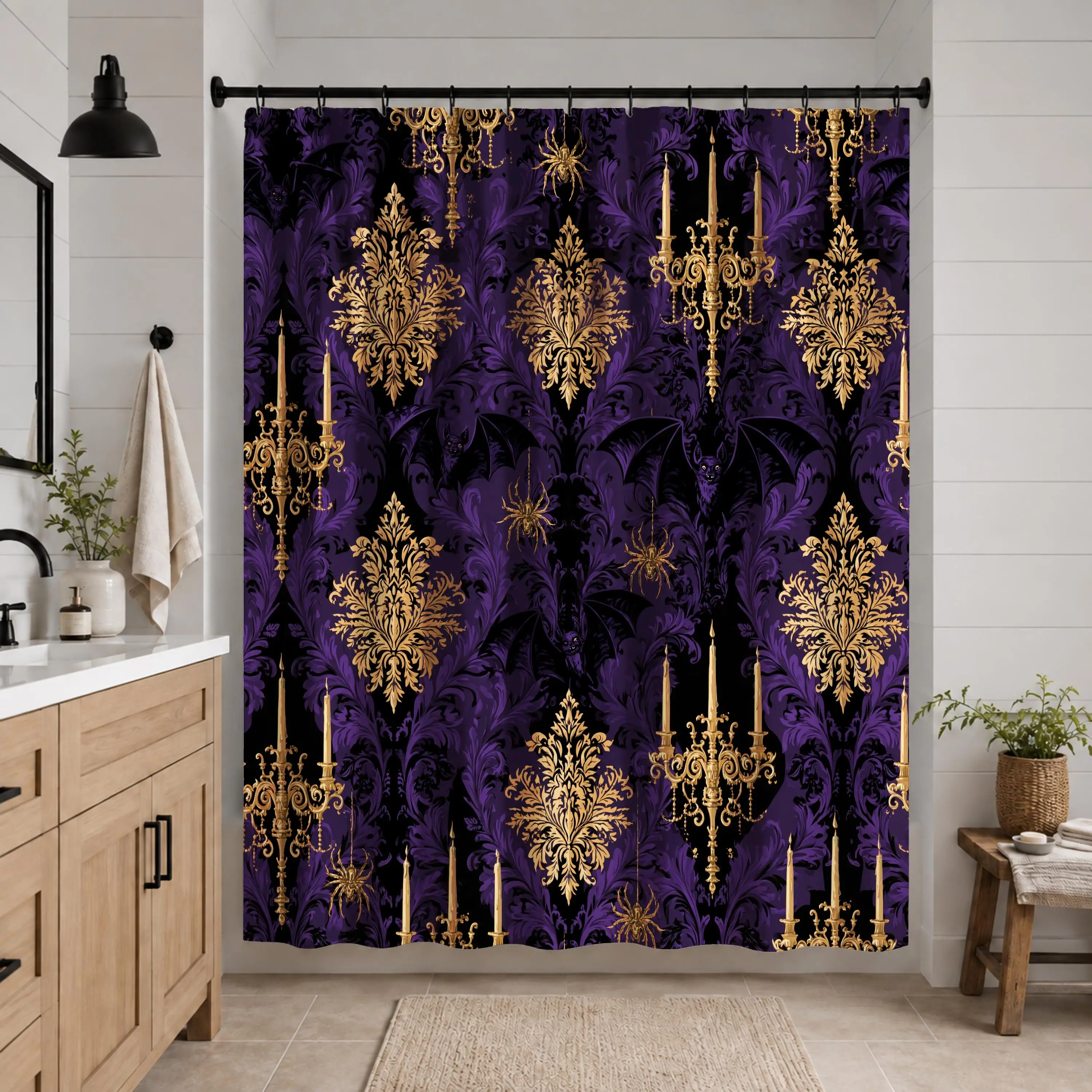 Luxury Purple and Gold Baroque Pattern Shower Curtain Waterproof Bathroom Curtain for Master Bath Decor