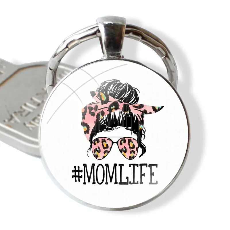 Keychain Handmade Glass Cabochon Key Ring Holder Pendant Key Chains Leopard MAMA Mom Letters Love Mama Girl