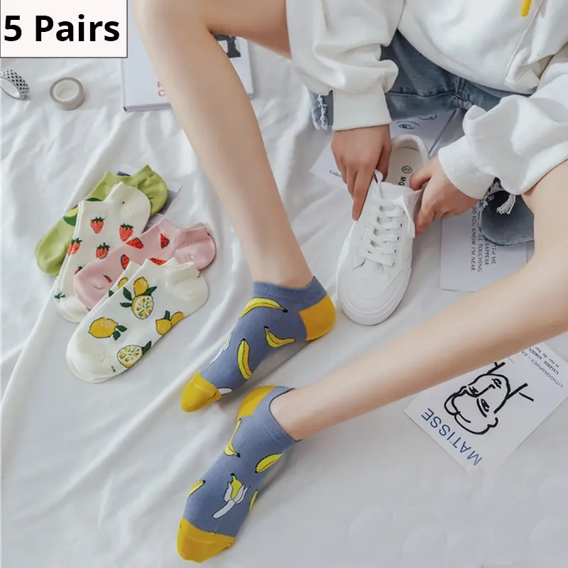 5 Pairs Of Womens Funny Socks Spring And Autumn Fruit Socks Avocado Lemon Strawberry Banana Harajuku Casual Socks