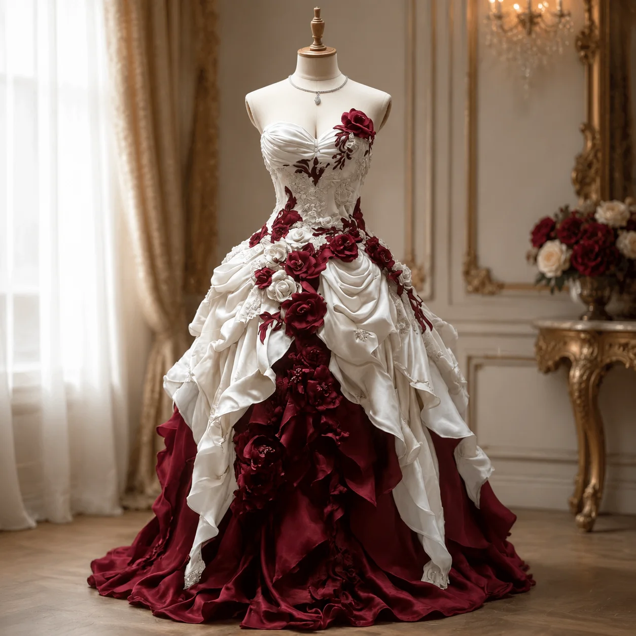 Vintage Victorian Wedding Dress 3D Floral Appliques Ivory Burgundy Ruched Long Irregular Ruffle Medieval bridal Gown Customized