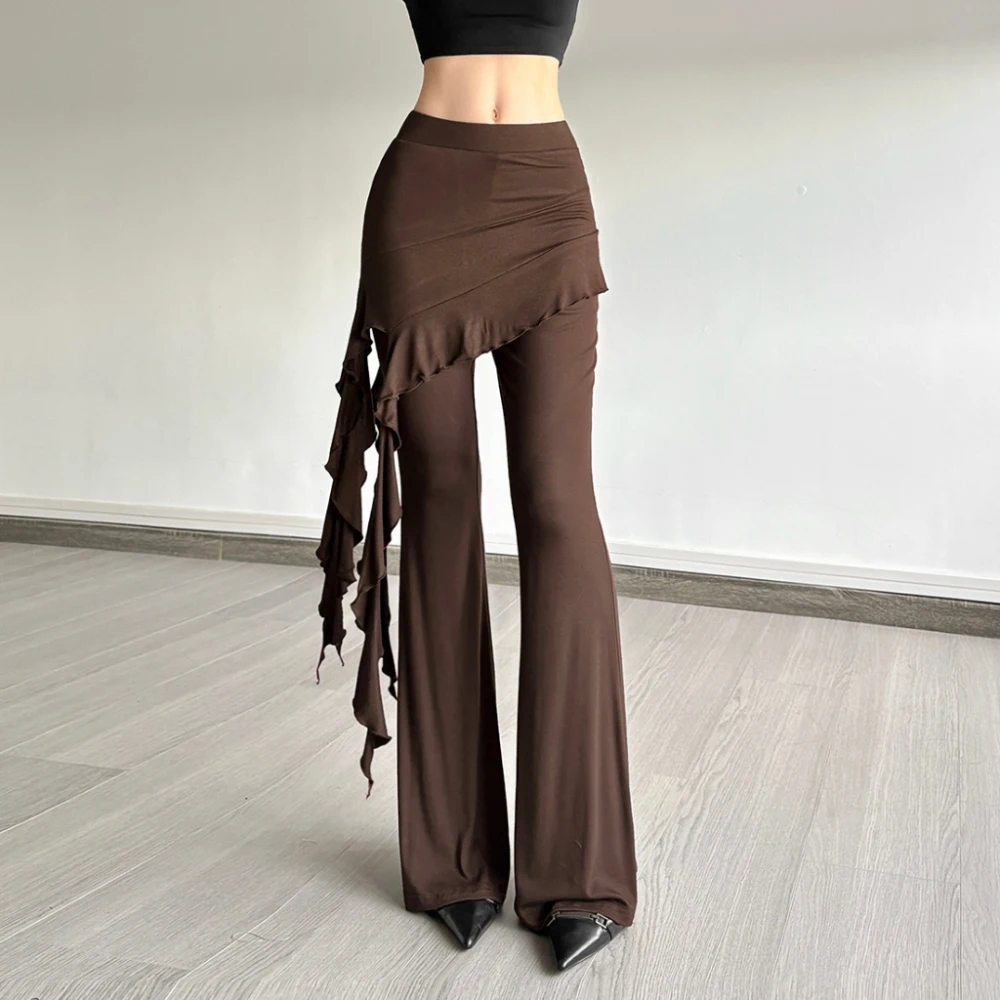 SylCue Satin Surface Patchwork Pant Women High Waist Skinny Hip-Covering Ribbons Asymmetrical Design Street Casual Simple Bottom