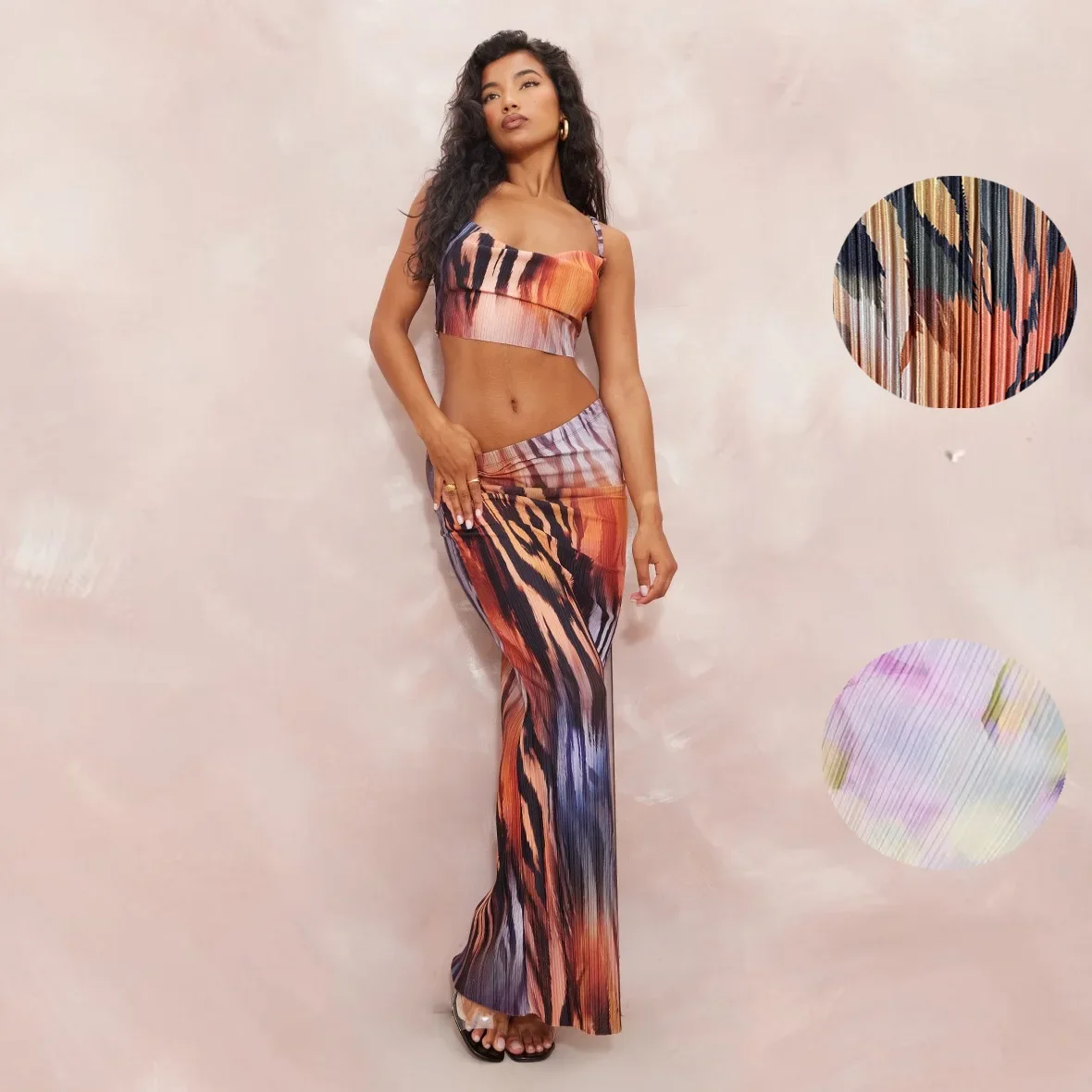 

Sexy Printing Suit Pleated Strapless Sleeveless Crop Top and Slim Long Skirt Set Lady Beach Vacation Party Vestidos Outfit