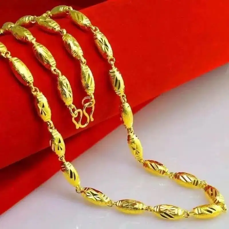

Solid olive bead necklace with copper gold-plated hip-hop punk men's necklace