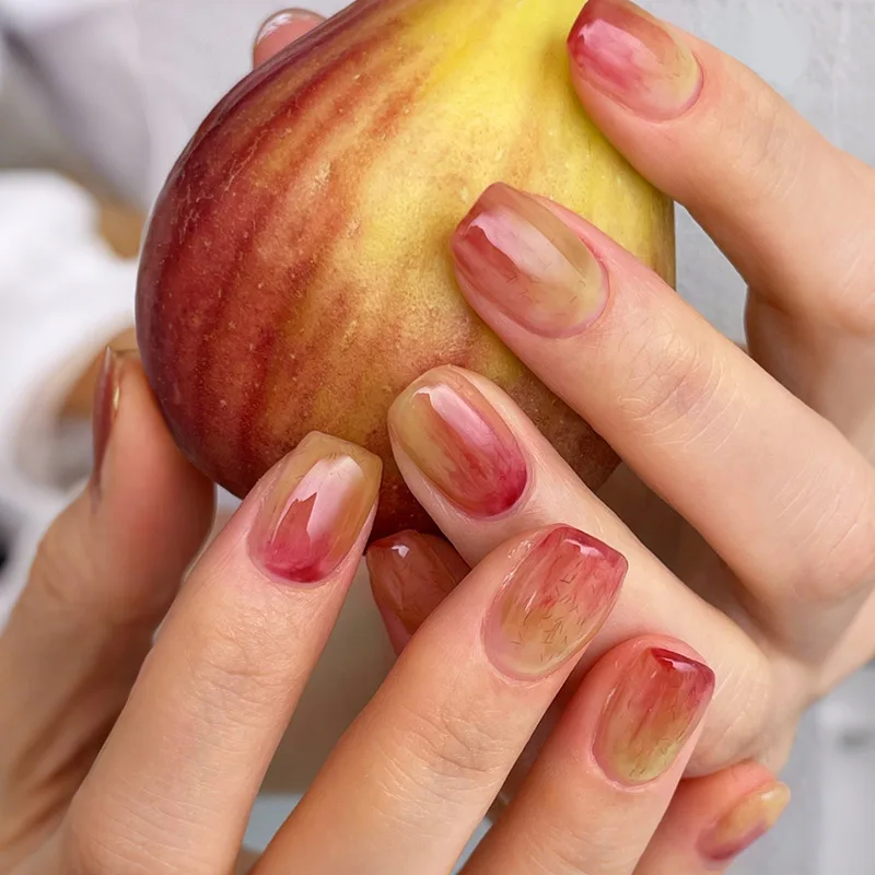 

24PCS Square Coffin False Nails Apple Color Smudge Gradient Press on Nails Removable Short Wearable Fake Nails Sweet Fresh Uñas