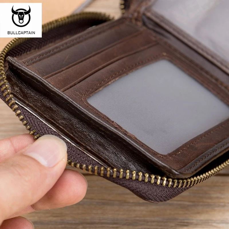 Genuine Leather Men's Horizontal Multi-Card Slot Business Card Holder Zipper Driver's License Cowhide Wallet