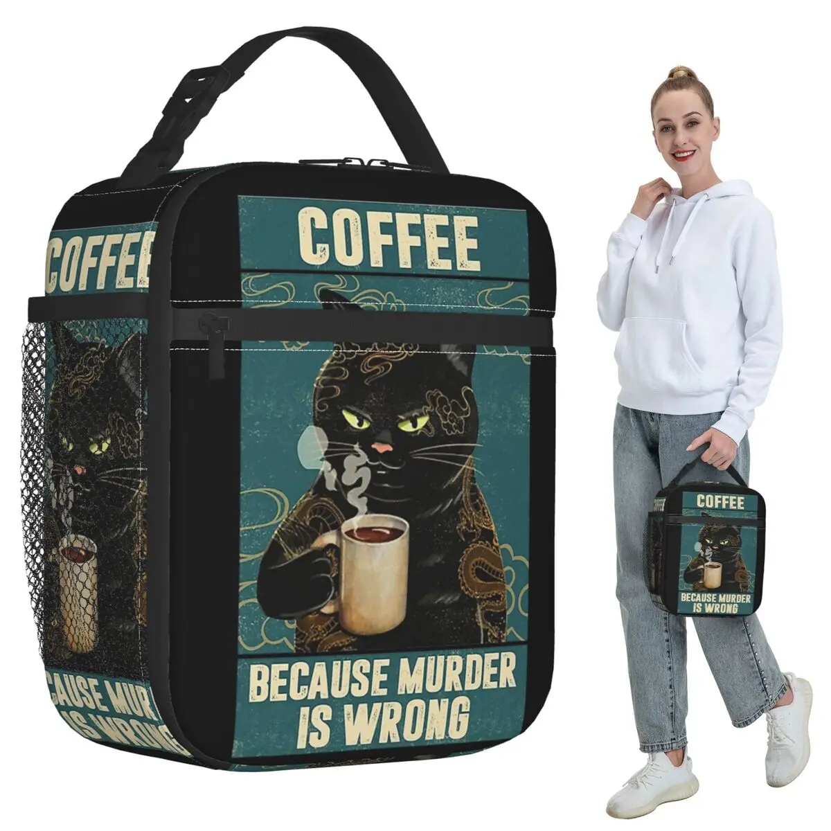 

Black Cat Coffee Insulated Lunch Bag for Kids School Cooler Thermal Food Box Tote Portable Lunch Boxes Container