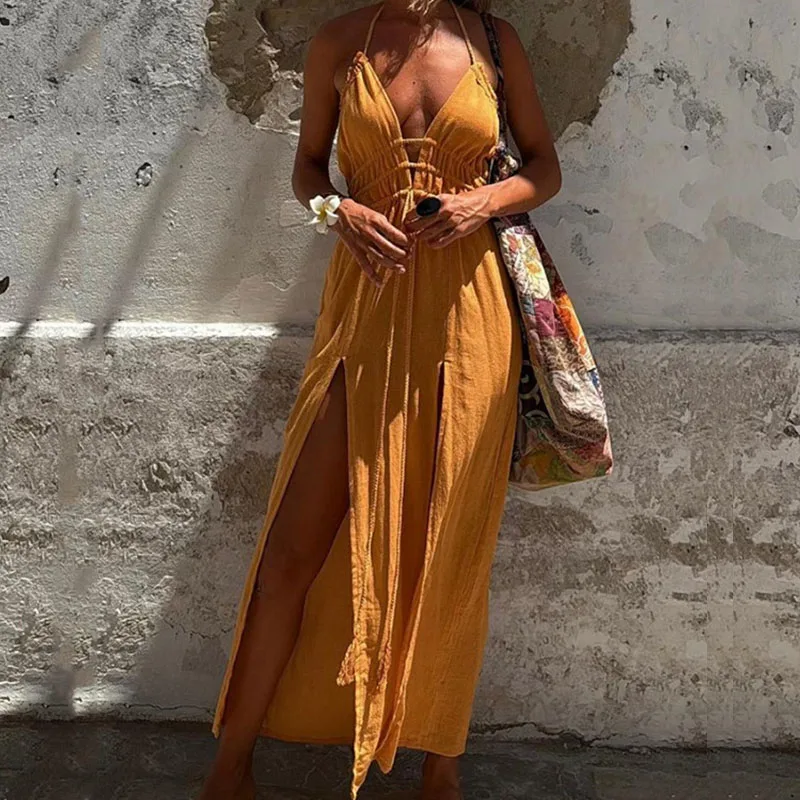 Women Sexy V Neck Tie-up Halter Dress Women Spring Solid Hollow Split Boho Long Dress Summer Sleeveless Backless Chic Maxi Dress