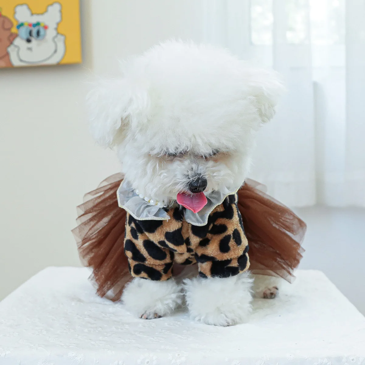 1PC pet clothing autumn and winter velvet leopard print wedding dress princess skirt suitable for small and medium-sized dogs