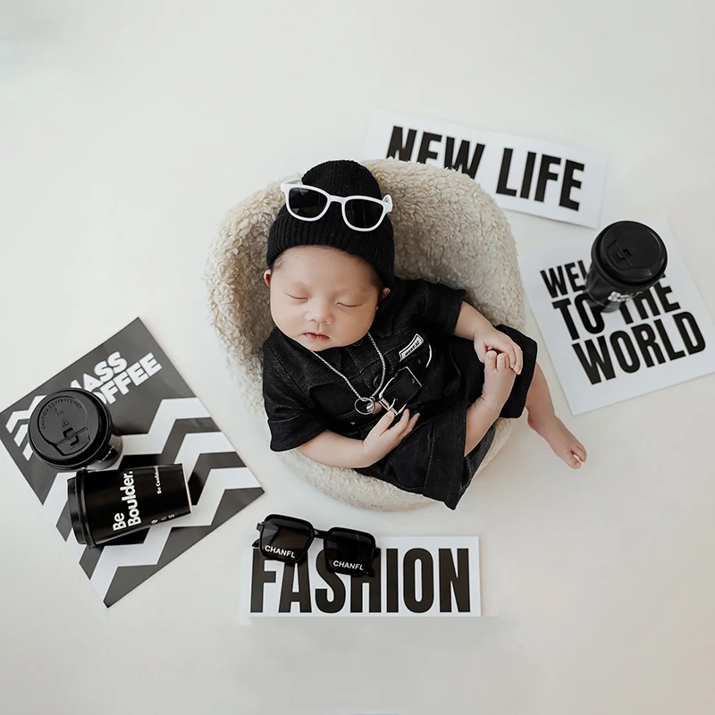 Newborn Photography Props Cool Boy Photo Suit Hat Sunglasses Props Hip hop Theme Outfit Studio Baby Photo Shoot Accessories