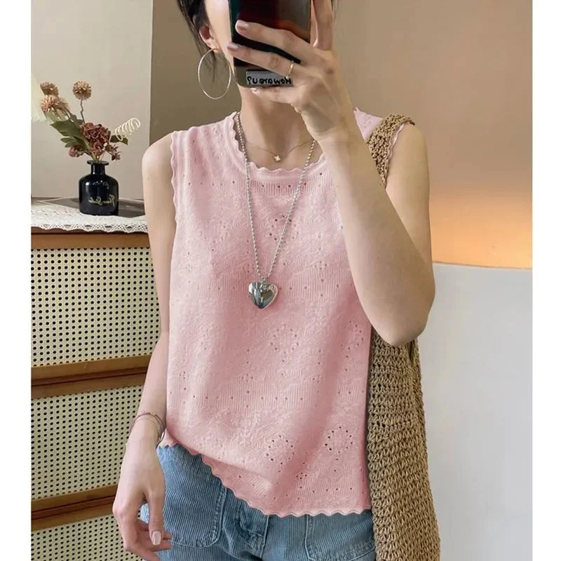 

Summer Women Fashion Ice Silk Knitted Waistcoat Top Korean Female Round Neck Hollow-out Vest Lady Large Size 5xl Sleeveless Knit