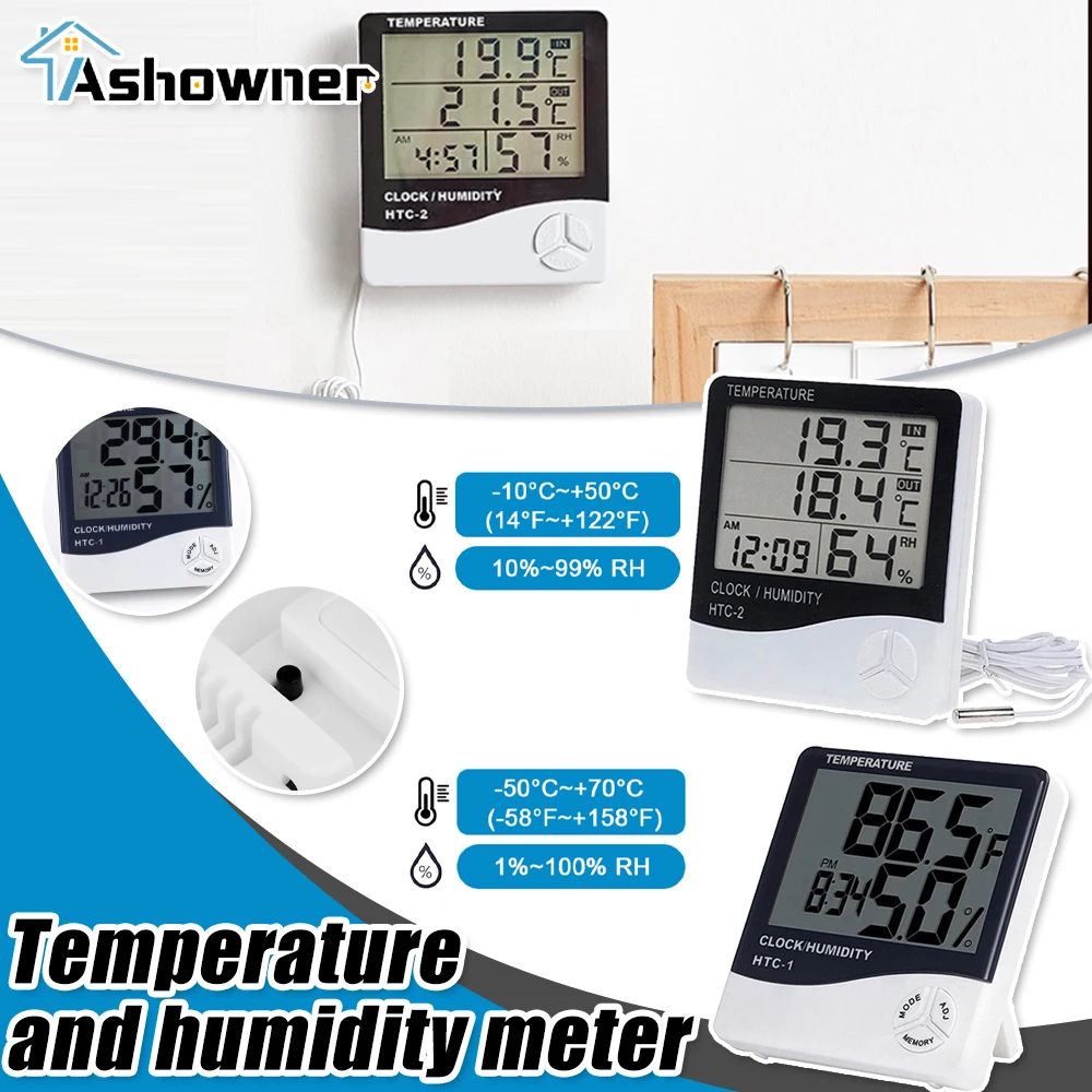 

LCD Electronic Digital Temperature Humidity Meter Indoor Multifunction Thermometer Hygrometer Weather Station Clock HTC-1 HTC-2