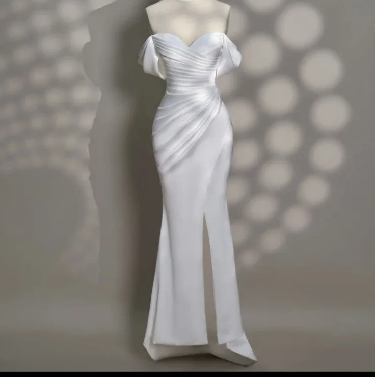 

Customized Sweetheart Off The Shoulder Short Sleeves Hip-wrapped Skirt Thigh-High Slit Dress Court Train Satin Pleat