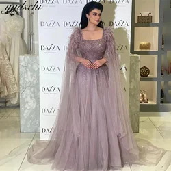 Customized Dusty Purple Beaded Feathers Boat Neck A Line Wedding Dresses 2024 Backless Sweep Train Tulle Bridal Gowns For Women