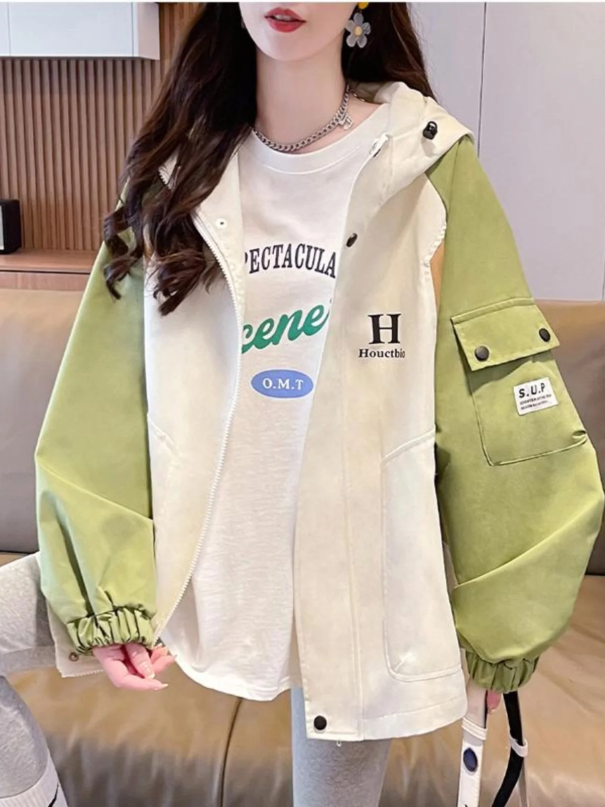 

Свободная рабочая одежда Sle Jaet, женское весенне-осеннее студенческое пальто, парка с капюшоном в стиле американского колледжа в стиле ретро, пальто из полиэфирного волокна