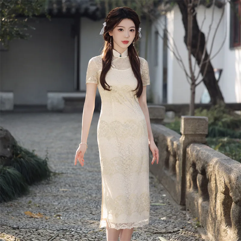 

Elegant Mandarin Collar Short Sleeve Women's Chiffon Qipao Summer Sexy Embroidery Lace Cheongsam Chinese Daily Dress