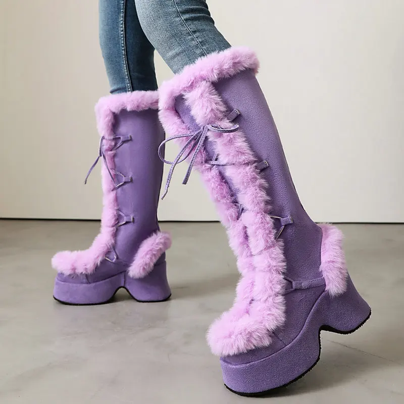 Lolita Style Furry Platform Boots for Women Thick Wedge Heel,Warm Knee High Winter Boots Lace Up Cosplay Daily Shoes Woman