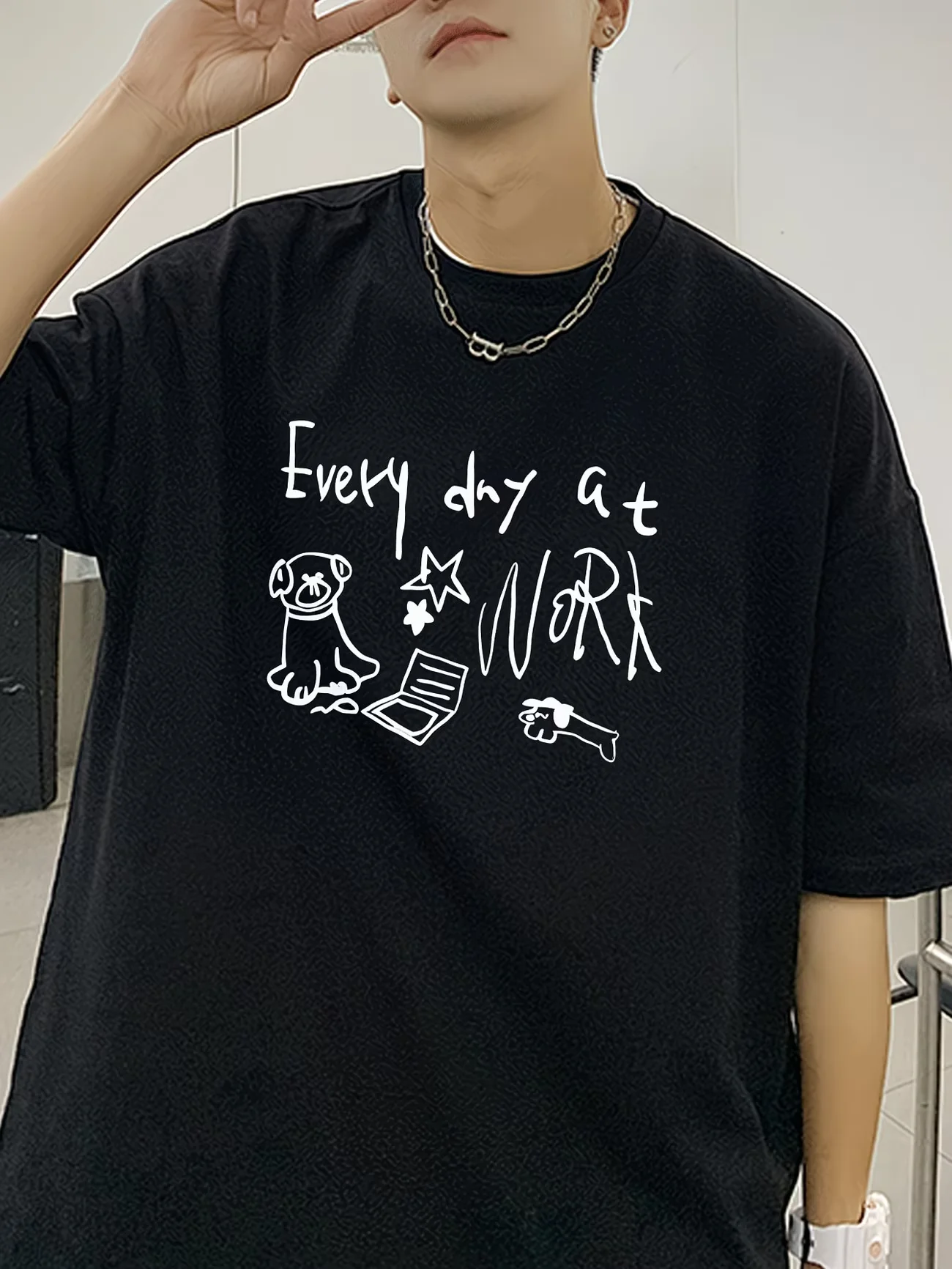Every Day At Work Graphic T Shirt Funny Dog Doodle Tee Harajuku Streetwear Top Retro Aesthetic Casual Unisex Summer Shirt