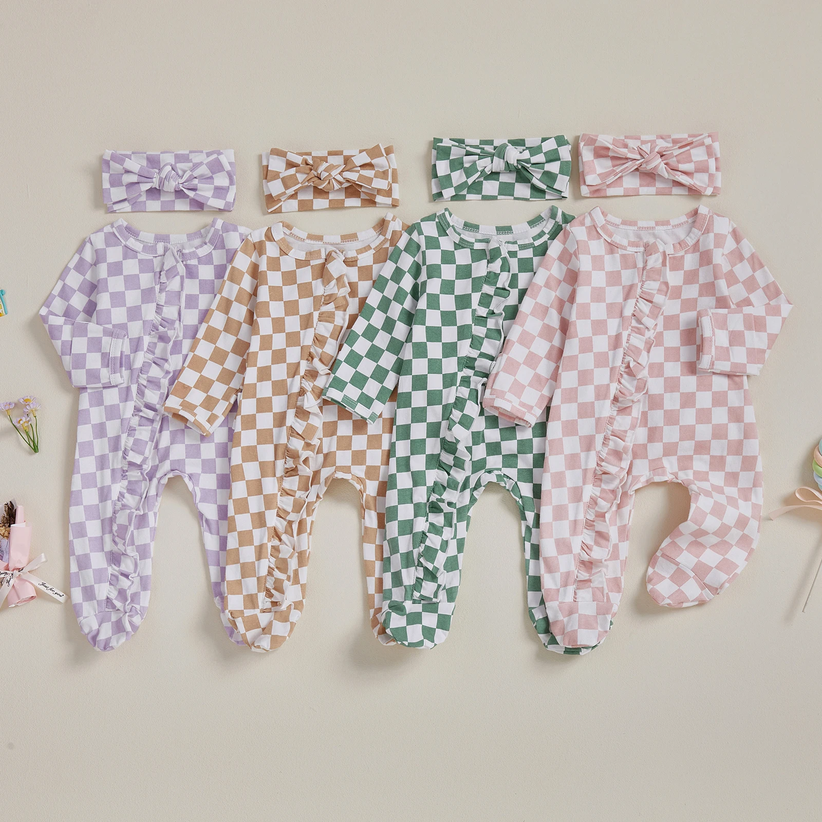 

Tregren 0-3M Newborn Baby Girl Fall Footies Bodysuit and Headband 2Pcs Set Checkerboard Ruffle Trim Zip Front Long Sleeve Romper