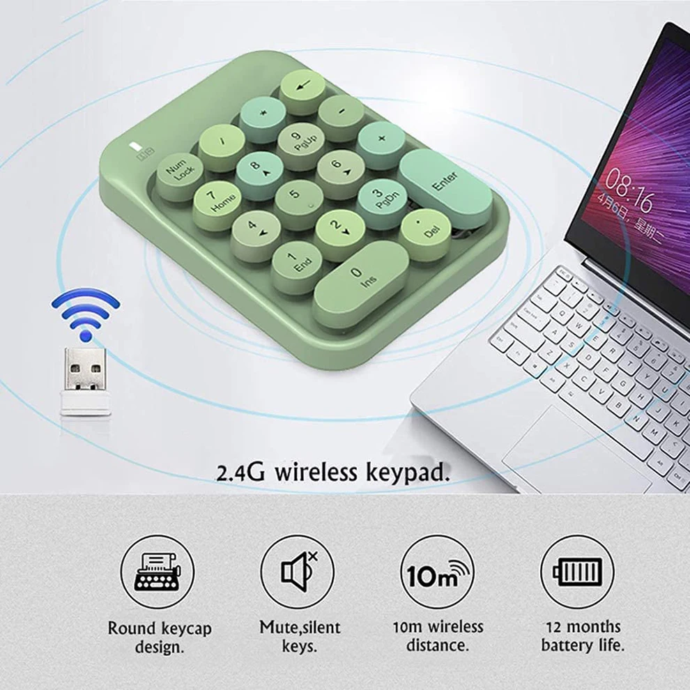 Wireless Number Keyboard 2.4GHz Wireless Number Keyboard Style Round Key Cap Numpad 18 Keys Portable Number Keyboard