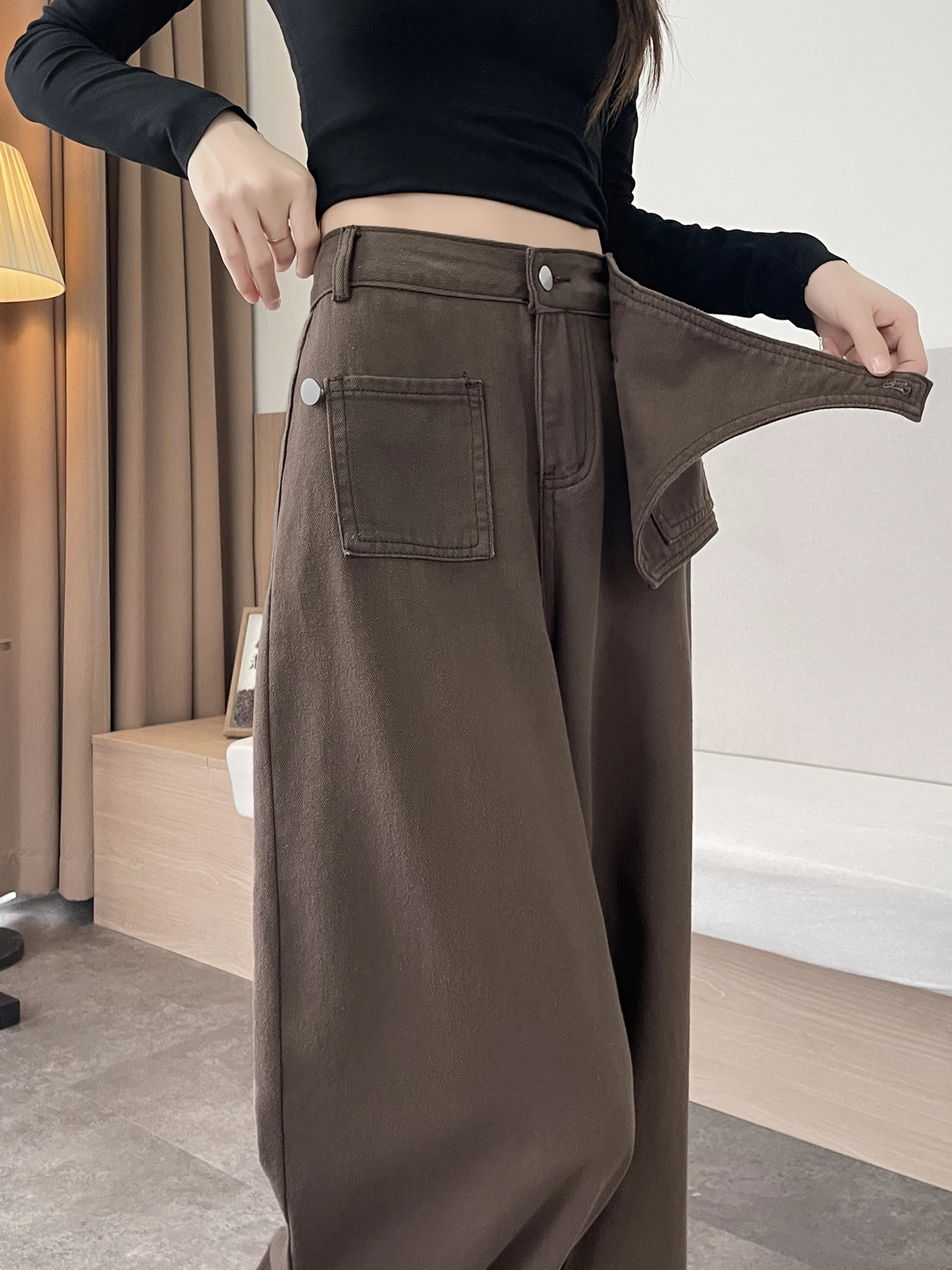 กางเกงยีนส์เดนิมผู้หญิง รุ่นใหม่สำหรับฤดูหนาว ทรงหลวม ขากว้าง ชายไม่เท่ากัน ยาวคลุมเท้า สไตล์ลำลอง