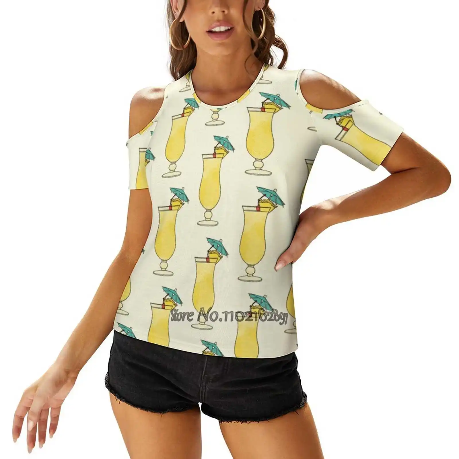 Pina Colada Watercolor Cocktail Drink Women's Tops Tee Ladies Casual Sexy T-Shirt Back Lacing Clothing Pina Colada Pina Colada