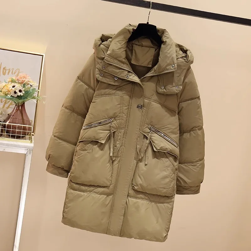Parkas Women Mid Length Coats Hooded Zipper Jackets Thick Warm Y2k Streetwear Elegant Jacket Work Casual Loose Autumn Winter