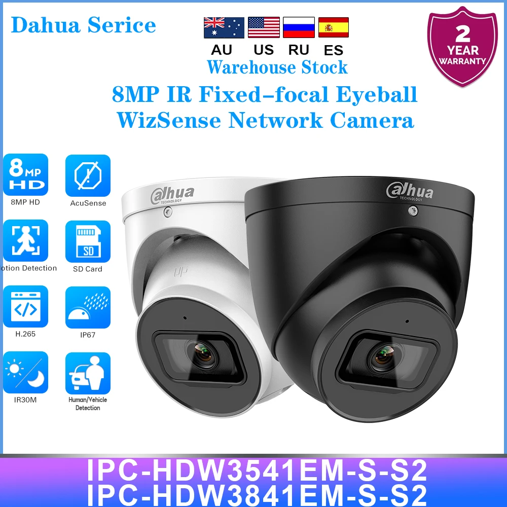 Dahua Serice IPC-HDW3841EM-S-S2 4k 8MP Eyeball WizSense Dome IP Camera PoE Built-in Mic Indoor Fixed-focal IR 30m SMD 4.0 AI SSA