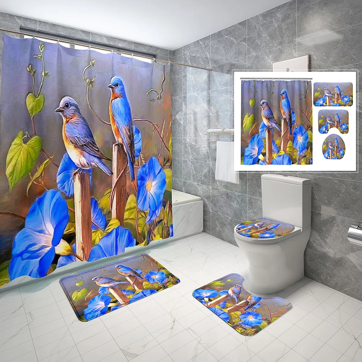 4 Pcs Bird Shower Curtain Sets Modern Spring Watercolor Floral Bird Non-slip Bath Mat Toilet Lid Waterproof Shower Curtain Set