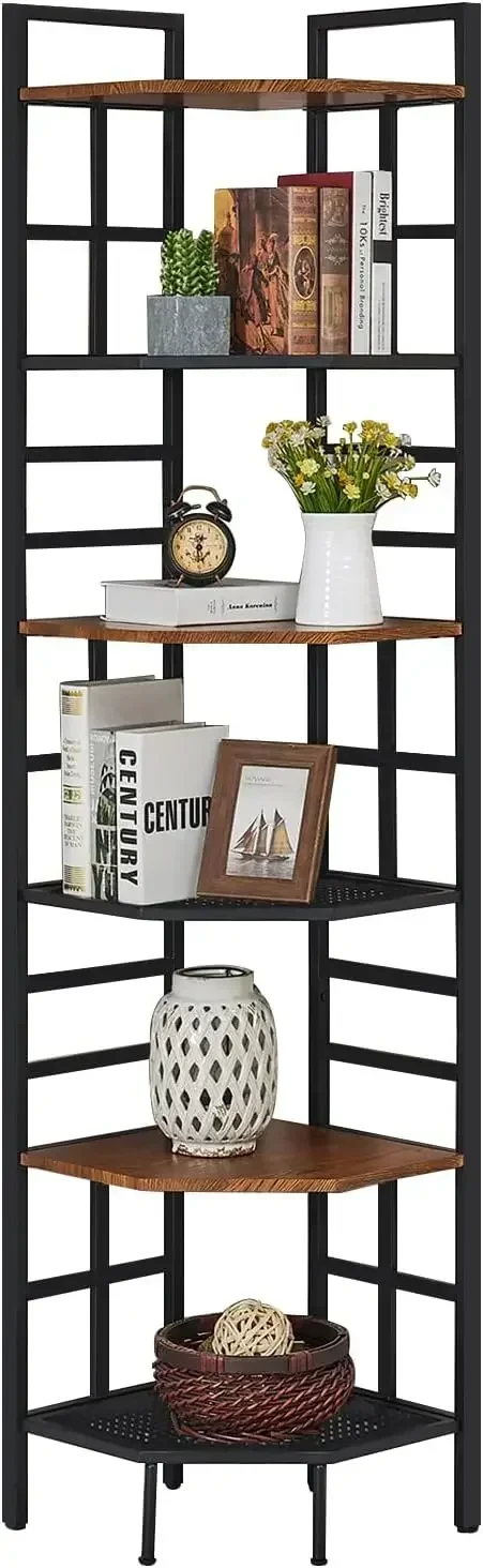 HOMISSUE Corner Shelf, 6 Tier Industrial Tall Corner Bookshelf, Corner Bookcase with Metal Frame and MDF Board, Multipurpose Sto