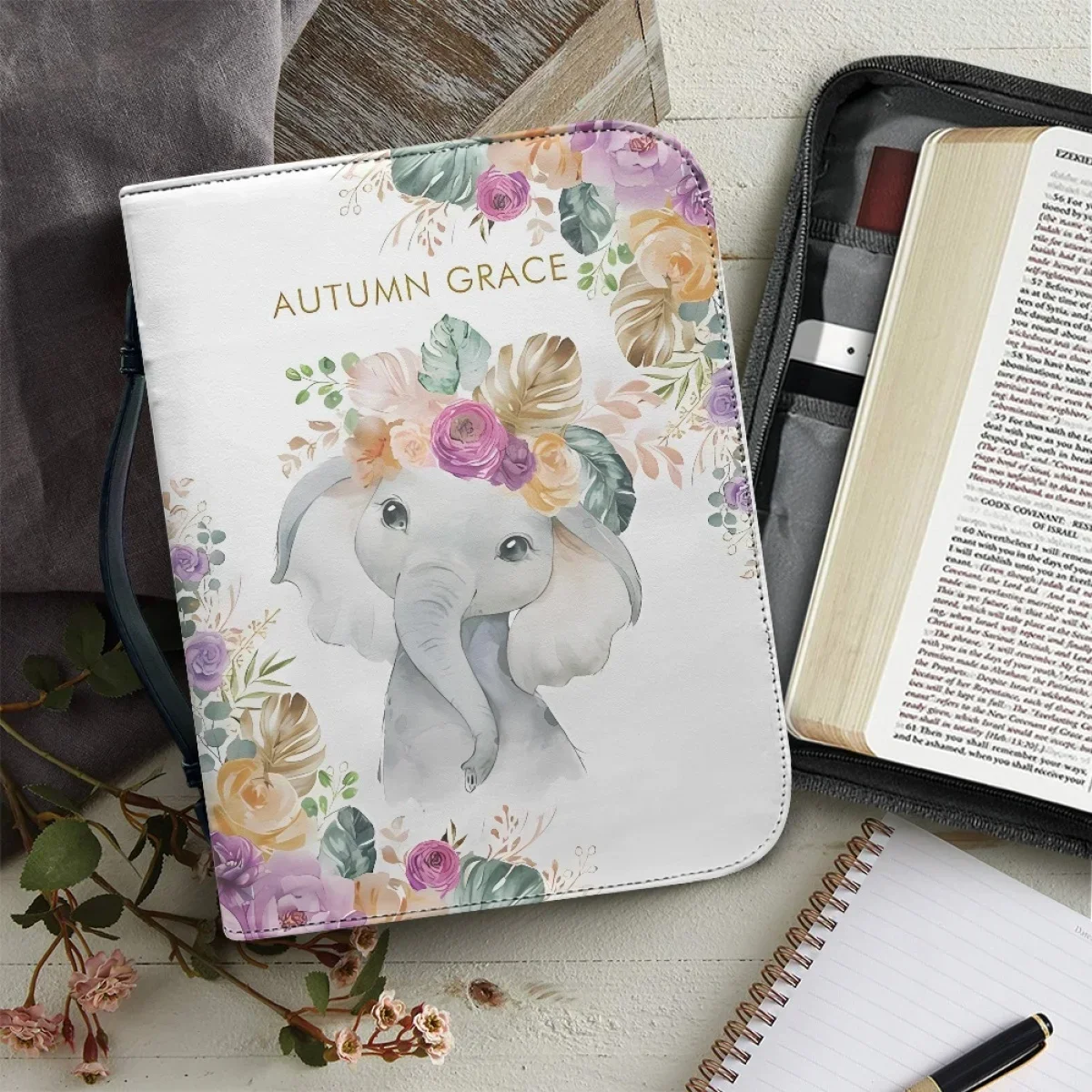 

Очаровательная женская сумка с цветочным принтом и изображением слона, сумка для Библии на молнии, повседневная сумка с ручкой для женщин, легкая переносная сумка-коробка