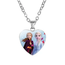 Disney Necklace Elsa Anna Frozen Princess Series Jewelry Accessories Heart Shaped Gem Pendant Necklaces Girls Kids Birthday Gift