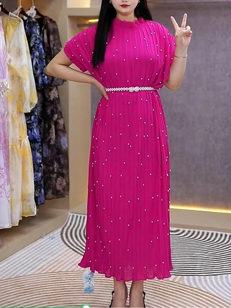 

2025 Summer Runway One-piece Dresses Beautiful Robe Elegant O-Neck Splicing Pleated Women Slimming Long Pearl Dress