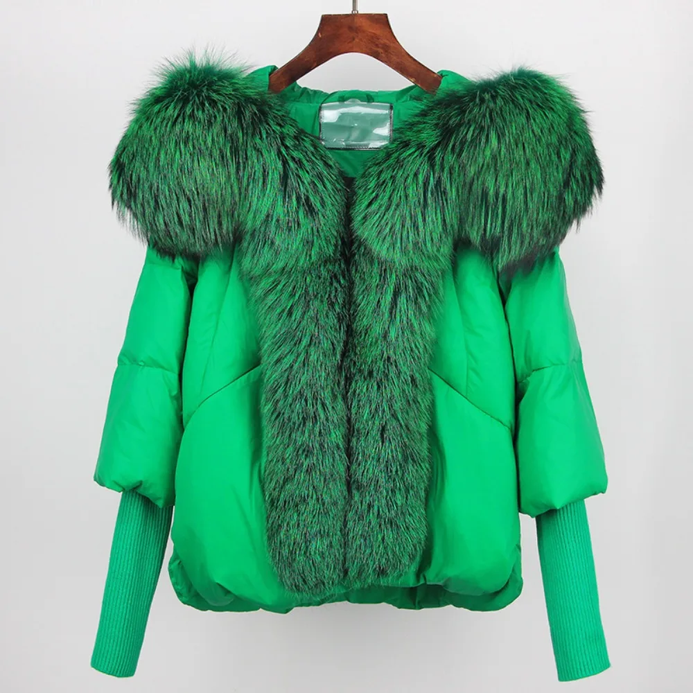 بطة أسفل معطف الشتاء فضفاض كبير الحجم سترة منفوخة المرأة سميكة الدافئة الشارع الشهير ريال فوكس الفراء طوق مقنعين ملابس خارجية طبيعية