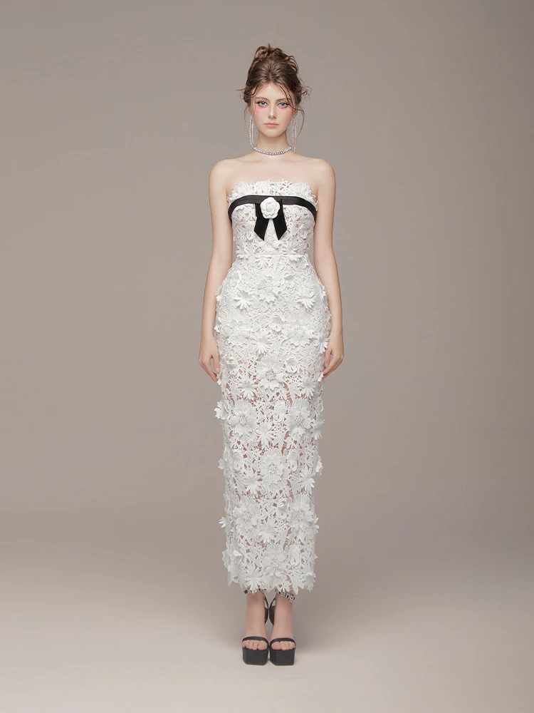 

Fashion Slim Chest Hugging Dresses Spring Women Sleeveless Package Hip Dress Summer High Waist White Lace Zipper Mid Calf Dress