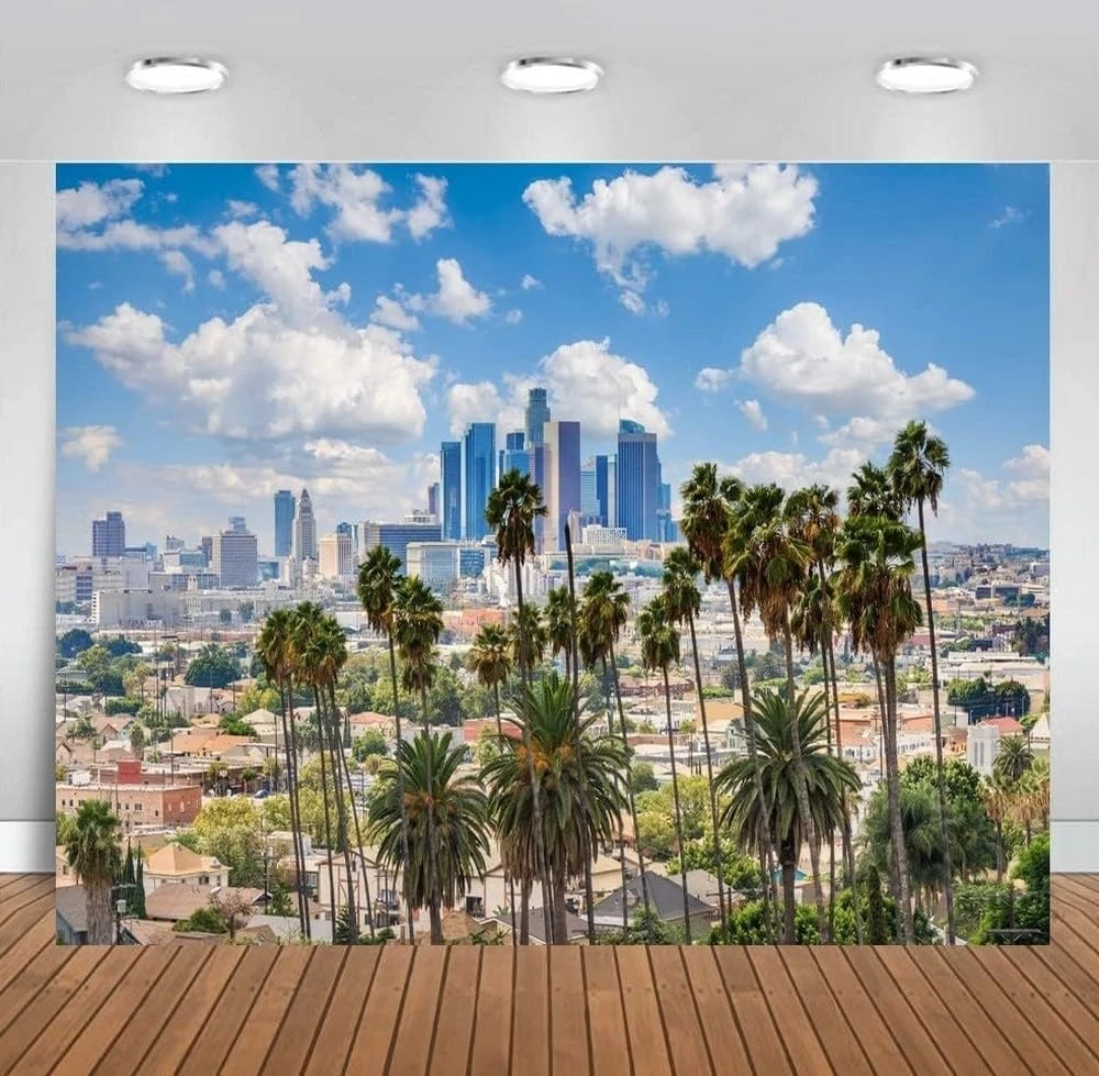 Fondos de paisaje de palmeras Skyline de la ciudad de Los Ángeles, fondos de estudio de fotografía escénica con impresión por ordenador de alta calidad