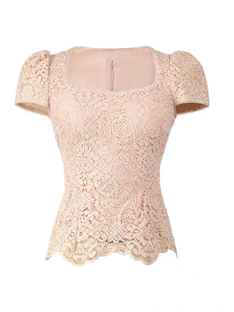 

Women's Exquisite Lace T-Shirt Lady Elegant Pink Party Blouse Hook Flower Hollow Tops Female Gentle Beatiful Prom Date Clothes