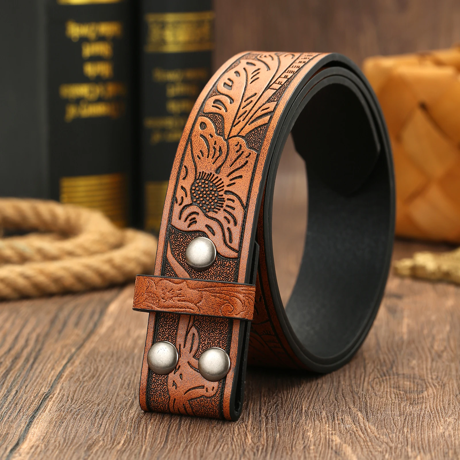 Herren Western-Gürtel mit geprägtem Muster, Blanko-Gurtband ohne Schnalle, Retro Cowboy PU-Leder Ersatzgürtel – Detail 10