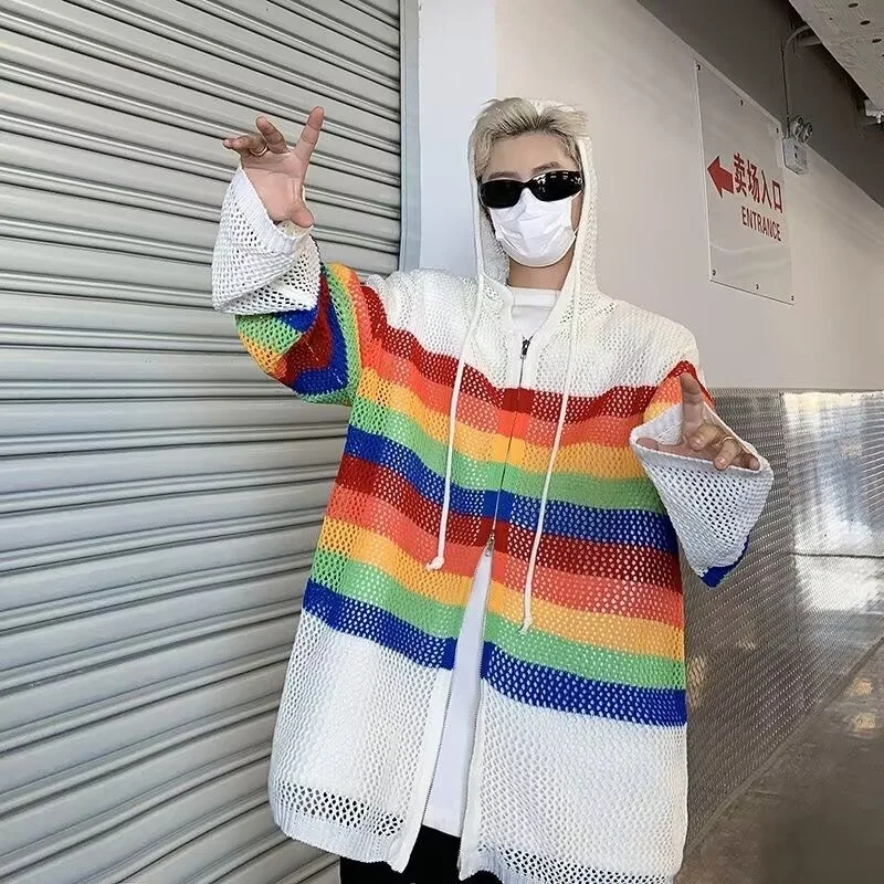 Men Boy Dopamine Rainbow Colorful Shirts Tops Male Trendy Knit Striped Hooded Hollow Out Holes Blouse Lover Ins Chic Coat Jacket