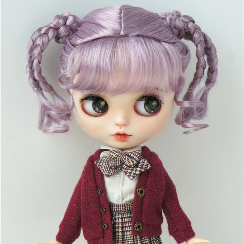 JD617  9-10inch 10-11inch  Full bangs with Double Braids pony Synthetic mohair BJD  wigs  Nero Blythes QBaby  doll accessories