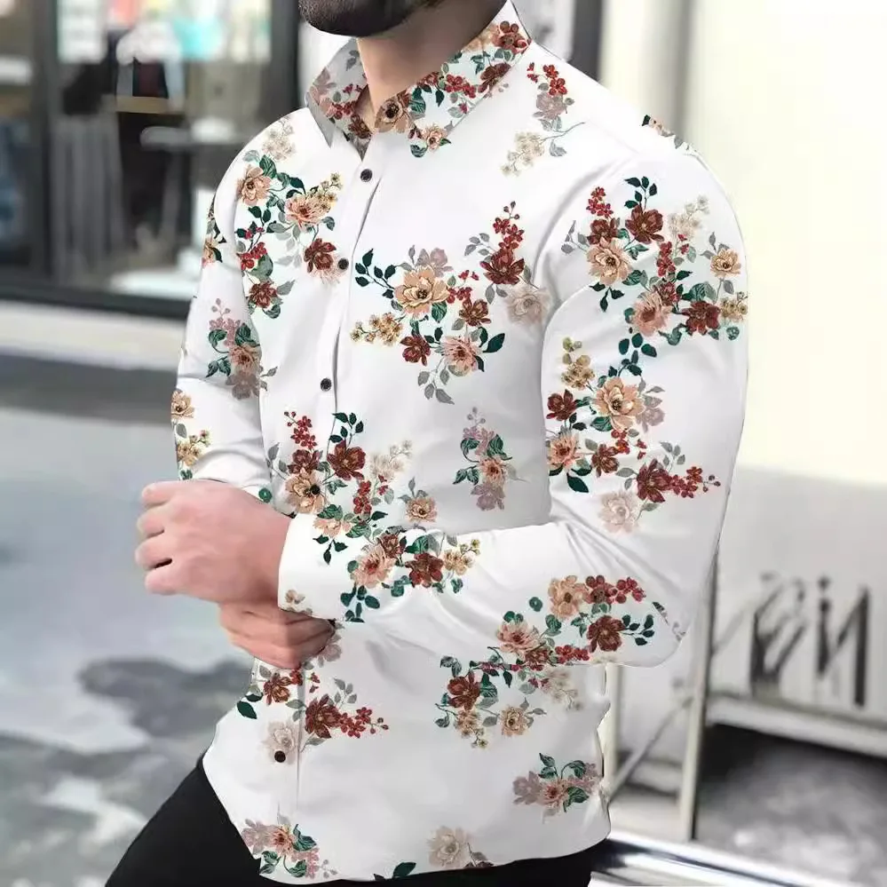 

Casual Men's Long Sve Floral Print irt Faionable Trendy Top Cross-Border Men's Clothing Elastic Fabric Slim Fit Sle