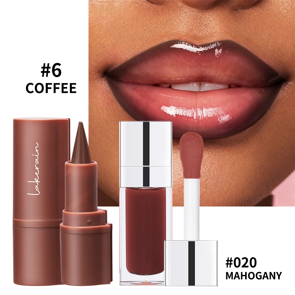 ลิปไลเนอร์พร้อมลิปกลอส ชุดคอมโบ ลิปกลอสสีน้ำตาลเข้ม ชมพู นู้ด กลอสเงา ติดทนนาน ชุ่มชื้น ชุดแต่งหน้าสำหรับริมฝีปาก